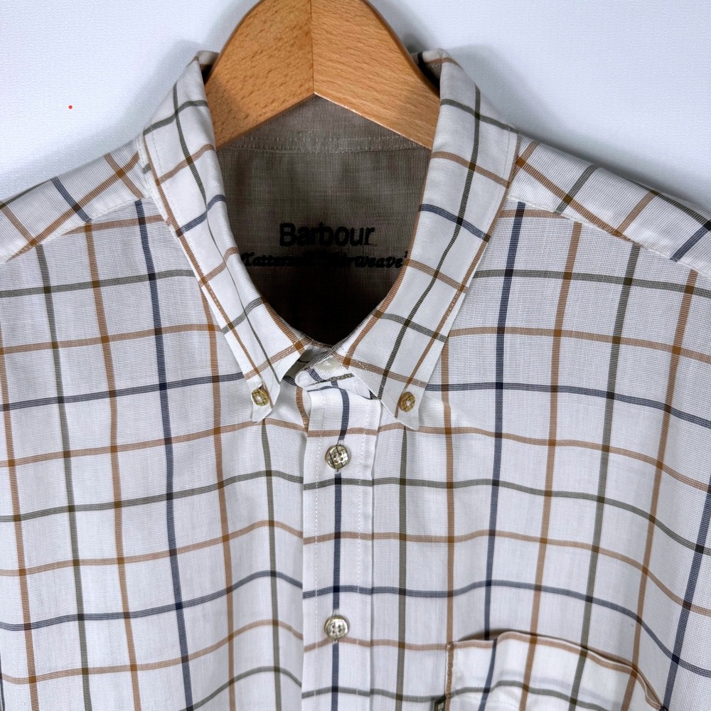 Barbour Tattersall Airweave Shirt Mens XXL Short Sleeve Plaid Button Down White